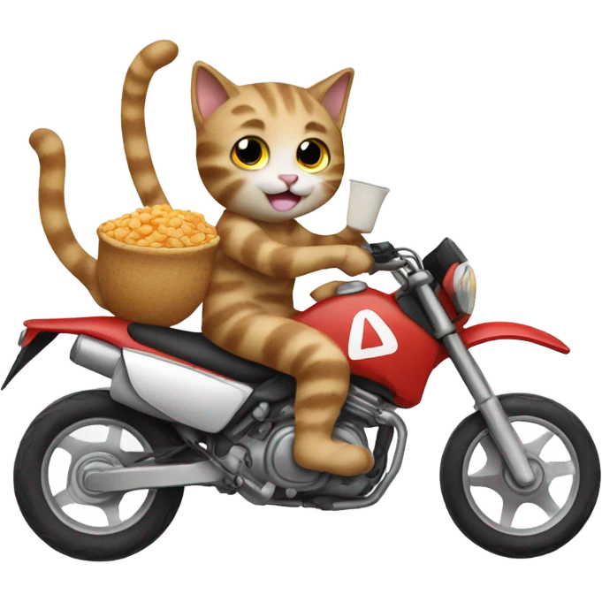 A cat riding a dirt bike wearing pajamas eating cereal  emoji