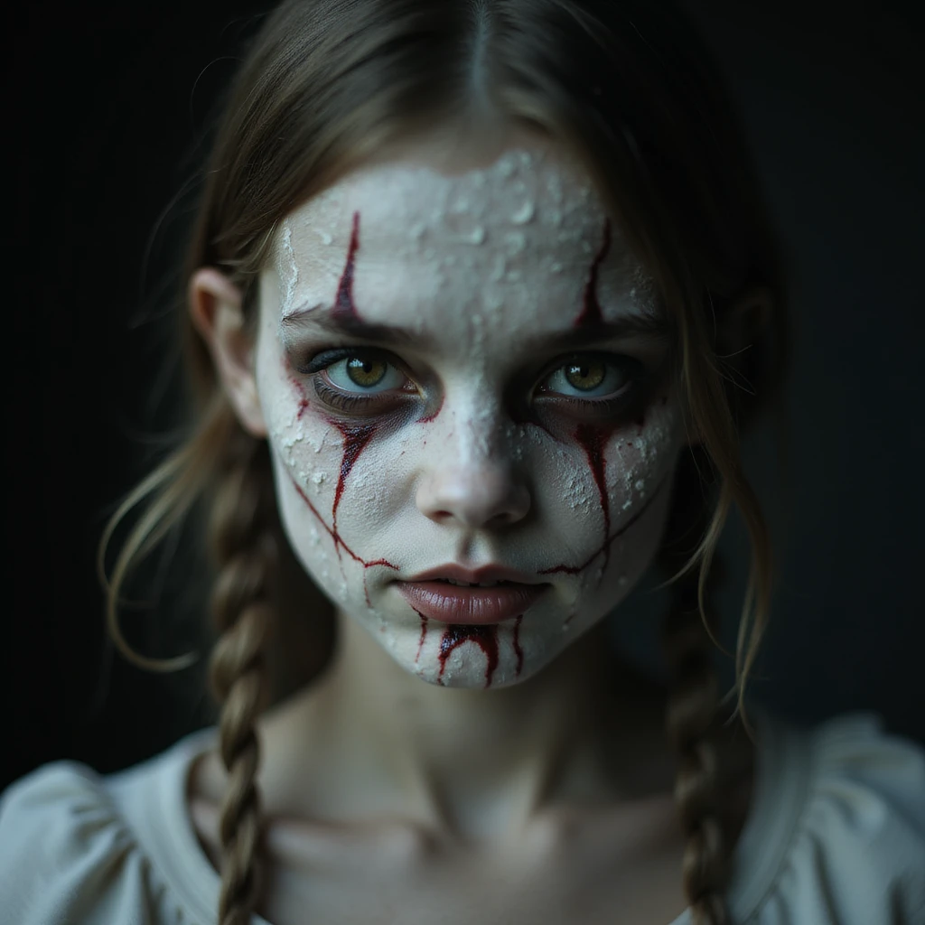 realistic horror portrait of a beautiful scary girl with cracked porcelain skin, supernatural aura, intense gaze, photorealistic emoji