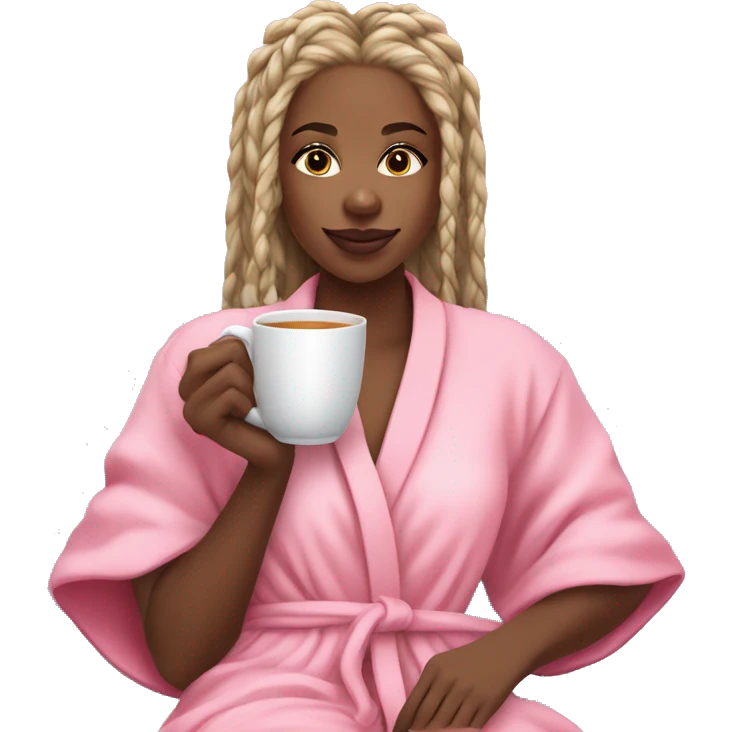 Beautiful black girl with blonde long braids being cozy in her pink robe watching a movie and drinking a tea. On her white couch and lots of pillows  emoji