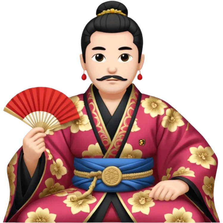 Wealthy warlord in ornate kimono, crest on chest, seated with fan in hand. emoji