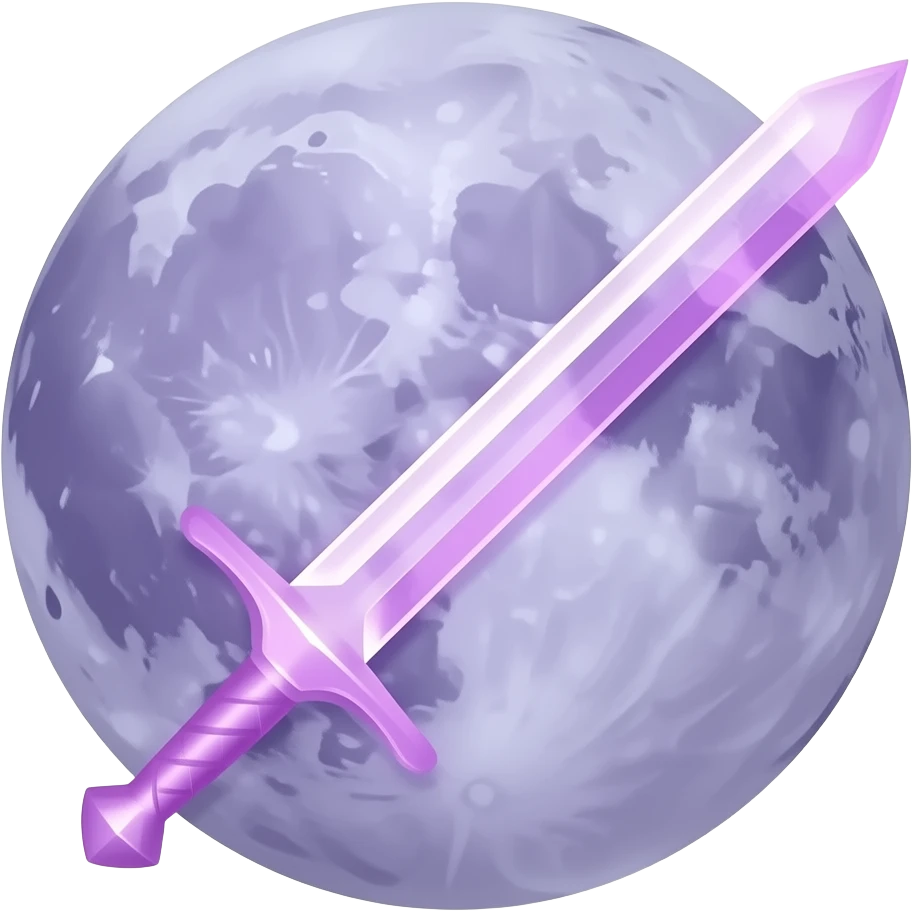 transparent dark purple detailed crescent moon with an elegant detailed glowing transparent sword, emoji style. The sword is positioned so that the blade points away from the moon and the hilt faces toward the moon (blade facing outward, not toward the moon). Soft violet and pink glow emoji