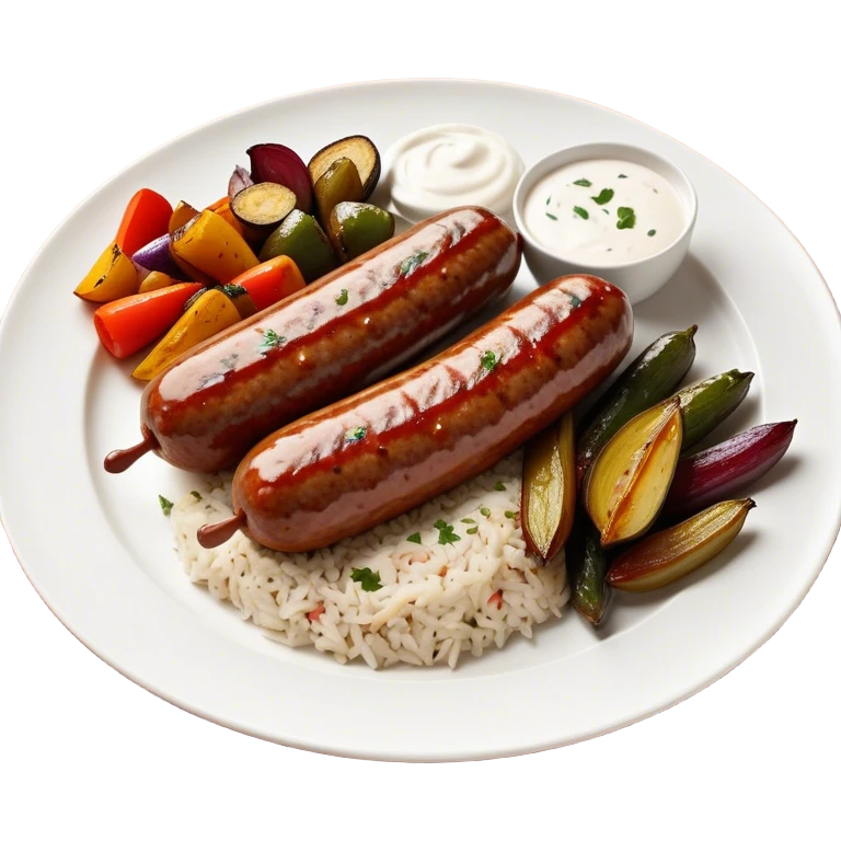 Cinematic Realistic image of a long, sausage-shaped Turkish Köfte, rendered with richly spiced meat textures and subtle grill marks, artfully arranged on a traditional Turkish ceramic plate alongside classic sides such as a serving of aromatic pilaf, crisp grilled vegetables, and a dollop of creamy yogurt, all bathed in warm, appetizing lighting that emphasizes its savory allure. emoji