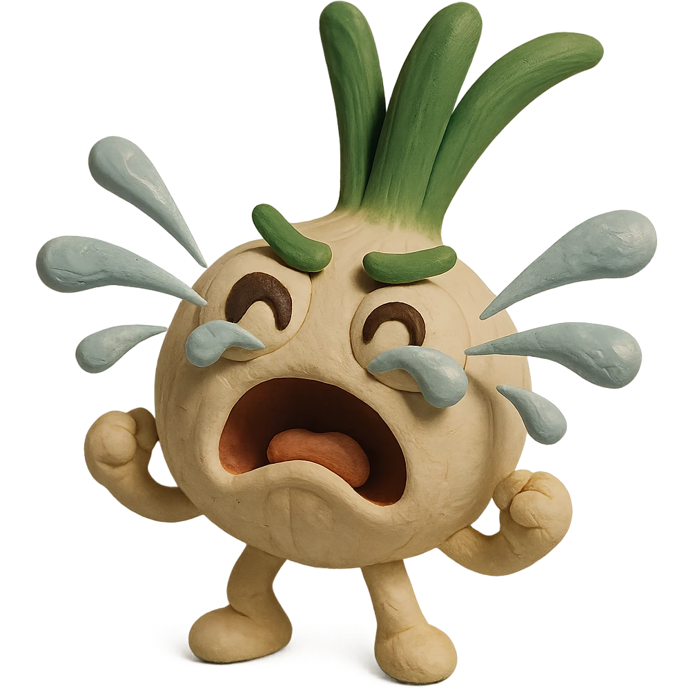 cute and funny anthropomorphic green onion character in claymation style, round white onion body, large expressive eyes, green leaves as hair, exaggerated crying face with onion juice tears spraying out dramatically, highly expressive and humorous pose, pastel kawaii colors, visible clay textures, high quality lighting, transparent background emoji