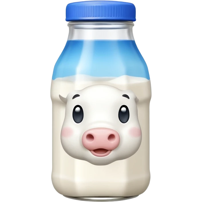 A 3D cartoon glass bottle of cow’s milk — white liquid, blue cap, clear reflections, Memoji-style rendering. emoji