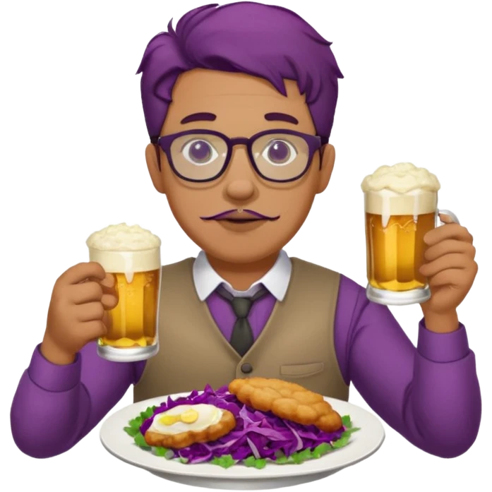 Man with wire framed glasses german eating schnitzel, red cabbage, sauerkraut, potato salad, and beer emoji
