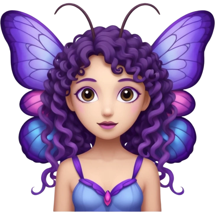 moth fairy with dark curly hair, light purple skin, and moth wings of blue purple and pink. she has moth antenna emoji