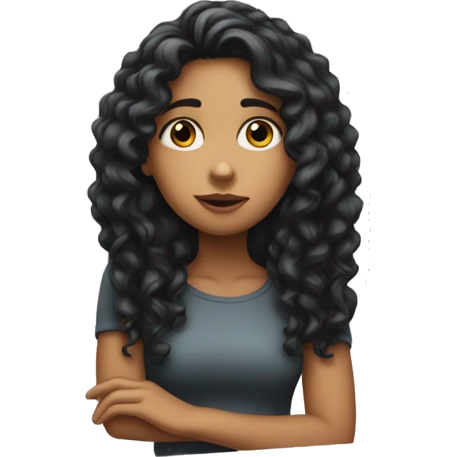 girl with long curly black hair with her hand on her chin thinking emoji