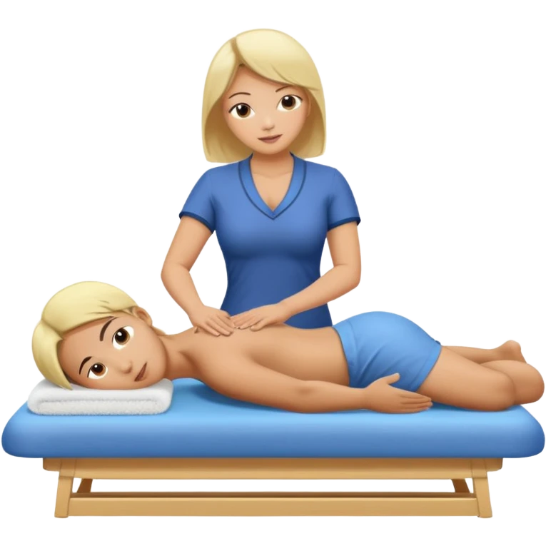 Large breasted asian woman gives a massage to a blonde boy on a massage table emoji