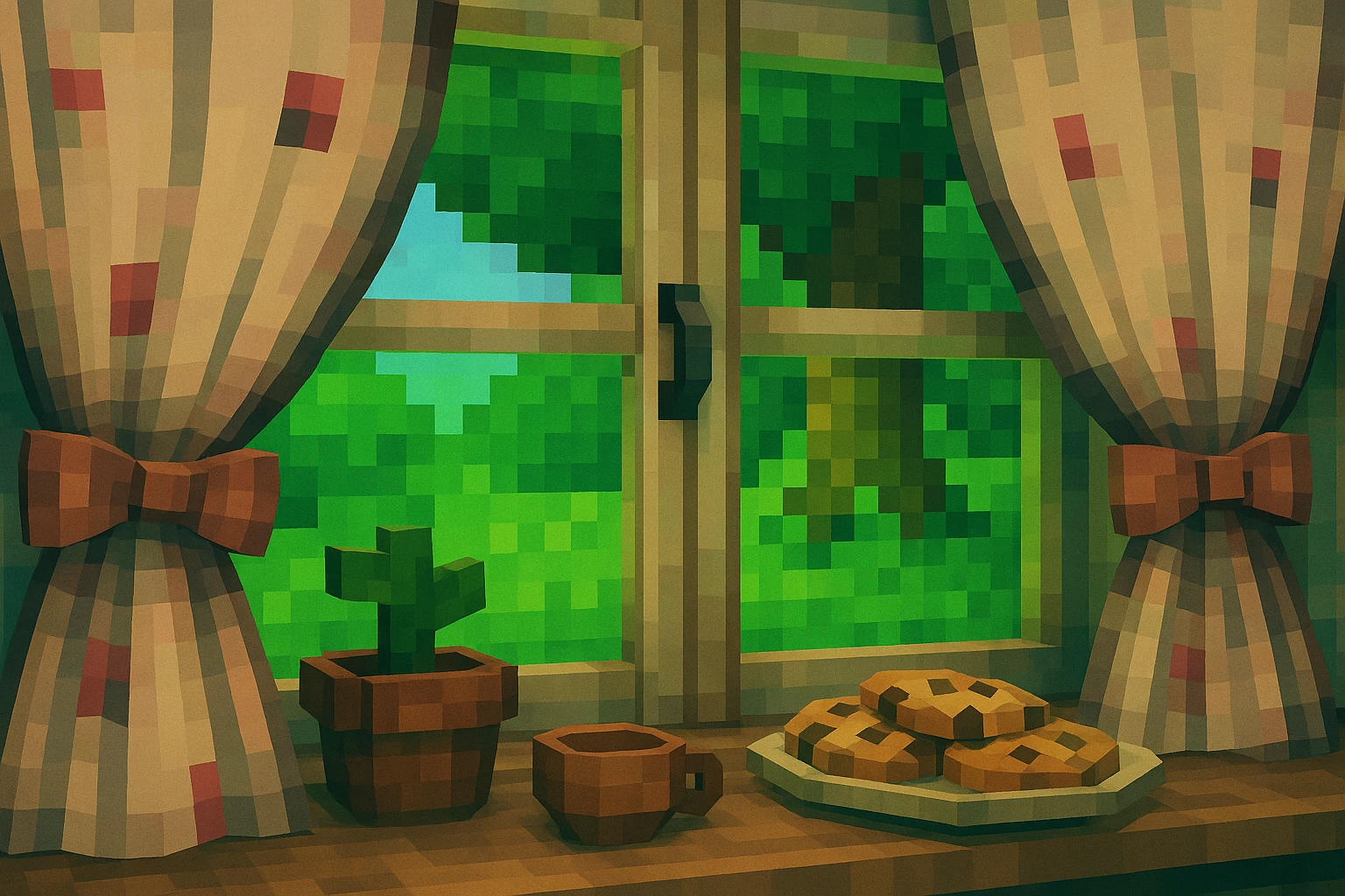 Cozy window scene in iOS 3D style: window with sheer curtains, a potted plant, a cup, and a plate of cookies on the windowsill, bright green garden outside. Clean, minimal, soft 3D lighting, pastel colors, iOS 3D illustration. emoji