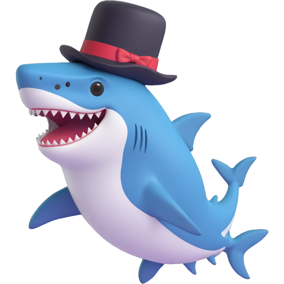friendly shark with a black top hat, whimsical style emoji