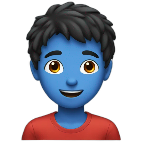A boy with black hair and a red nose and a blue t-shirt emoji