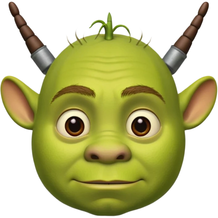 Shrek avec deux petites antennes-oreilles cylindriques plantées de chaque côté de la tête : elles sont courtes, épaisses, avec une ouverture ronde à l’extrémité.
 emoji