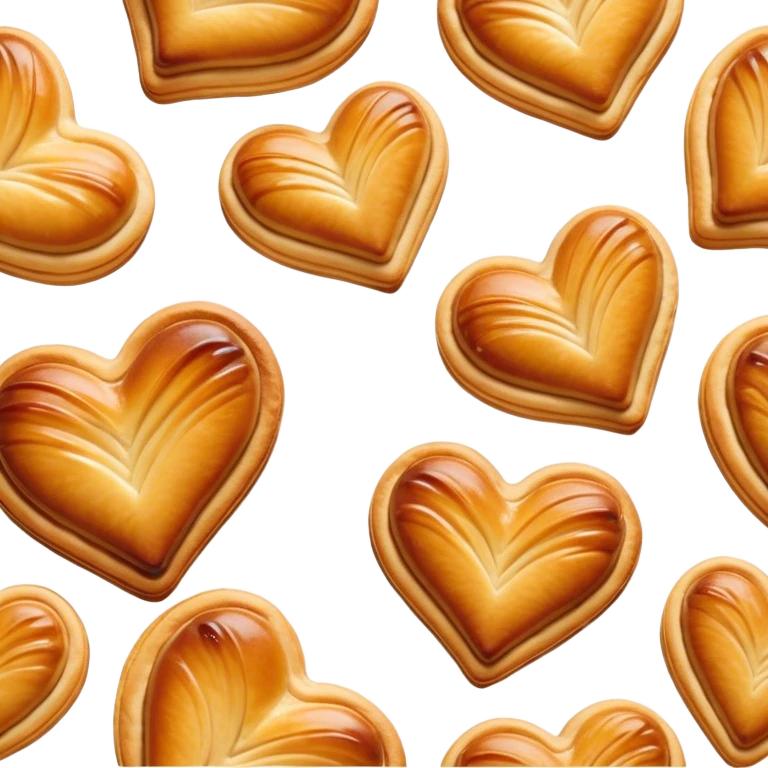 Cinematic crisp palmier, golden-brown heart-shaped pastries, perfectly caramelized layers, delicate and flaky, warm glowing background, inviting and delicious. emoji