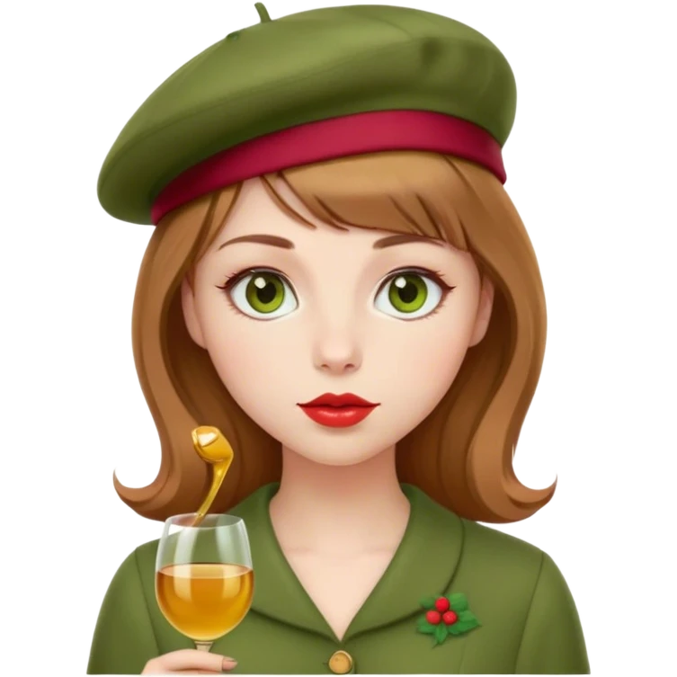 Pale girl with light brown hair and bangs, honey-colored eyes and wine-colored lips; wears a soft green dress with a red beret emoji