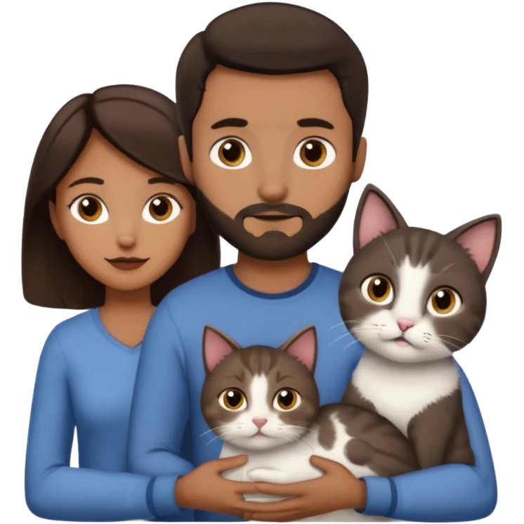 Make a couple and a cat emoji. The first person is a man with dark brown hair and a beard that’s not to long. The other person is a woman with even darker brown hair and is a little brown skinned but not much. The cat is 15weeks so little and grey and white with a little brown on her face and chest emoji