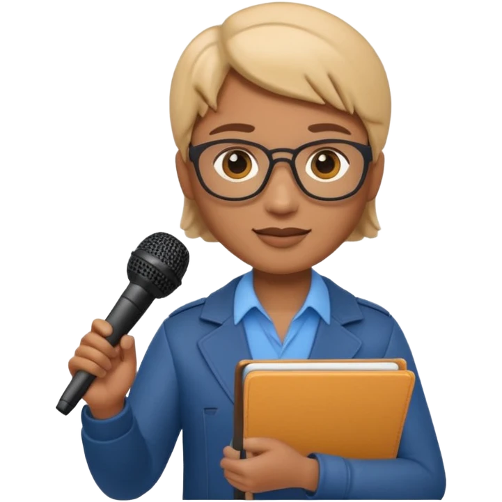 Apple Memoji-style 3D emoji of a journalist holding a microphone and notepad, smooth gradients, rounded shapes, no background. emoji