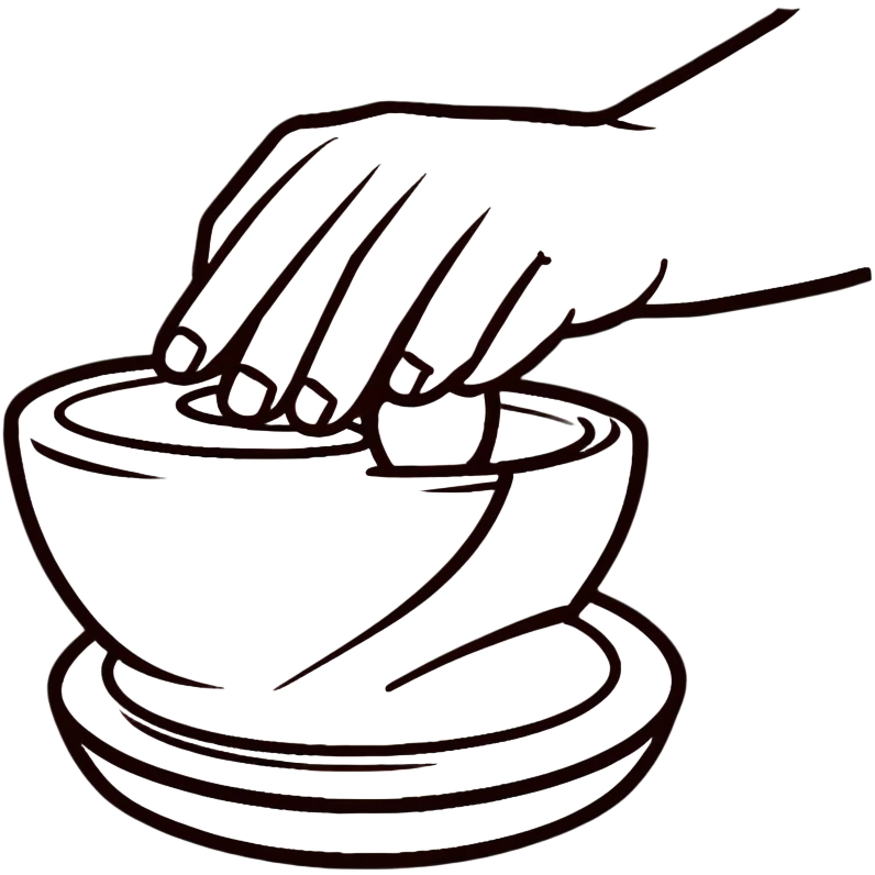 thumb pressing side of clay onto a silver pottery wheel, thumb at the bottom of the clay, pottery gesture emoji
