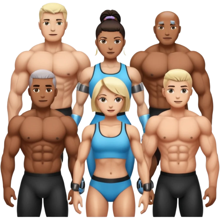 a group of pumped up men and women with visible cyber implants emoji