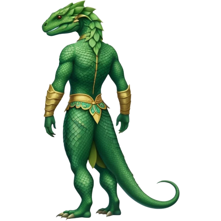 full body reptilian humanoid in ancient outfit, back view, ornate details emoji