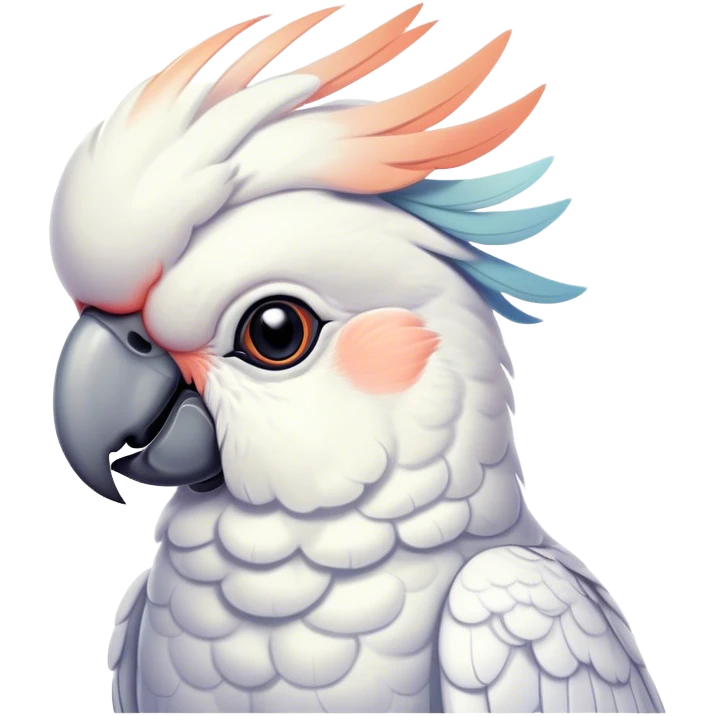 Cinematic Noble Cockatoo Portrait Emoji, Poised and regal, with a striking, crest-adorned head of brilliant white and pastel hues, a robust, curved beak, and piercing, intelligent eyes, Simplified yet sharp and sophisticated features, highly detailed, glowing with a soft, tropical luminescence, high shine, intelligent and majestic, stylized with an air of avian elegance, focused and alert, soft glowing outline, capturing the essence of a watchful and confident cockatoo that appears ready to unfurl its crest out of the screen with effortless authority! emoji