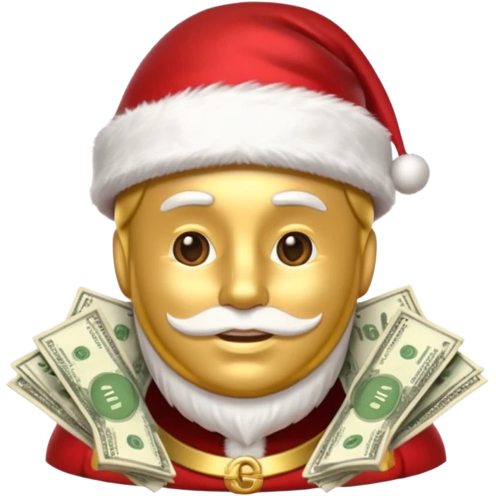 A confident rich emoji face wearing a Santa hat, money stacks, casino vibe, New Year theme, premium 3D emoji style, sharp details, no text, isolated on transparent background emoji