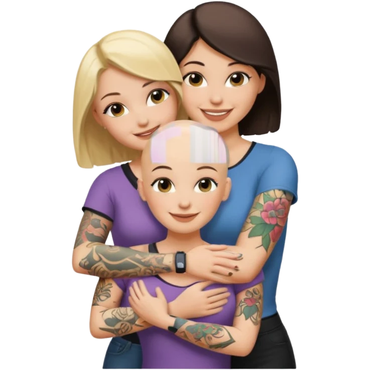 throuple blonde femaleand brunette female with bald tattooed emoji