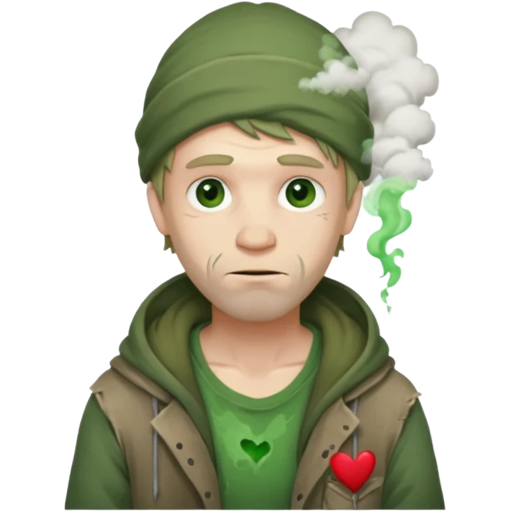 Homeless Caucasian male with green smoke around him and ripped clothes with valentines decor (no balloons) emoji