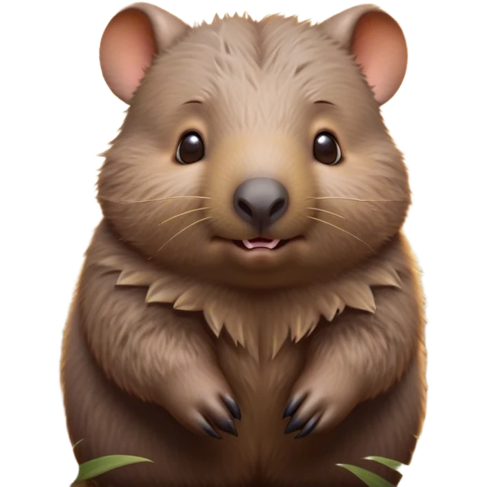 Cinematic Cute Wombat Portrait Emoji, Head tilted playfully and inquisitively, featuring a fluffy, shaggy brown fur with a round, endearing face and twinkling eyes full of gentle curiosity, Simplified yet irresistibly adorable features, highly detailed, glowing with a warm, friendly glow, high shine, affectionate and chubby, stylized with a touch of bushland whimsy, bright and endearing, soft glowing outline, capturing the essence of a mischievous yet loving wombat, so playful it feels like it could trundle out of the screen into your arms! emoji