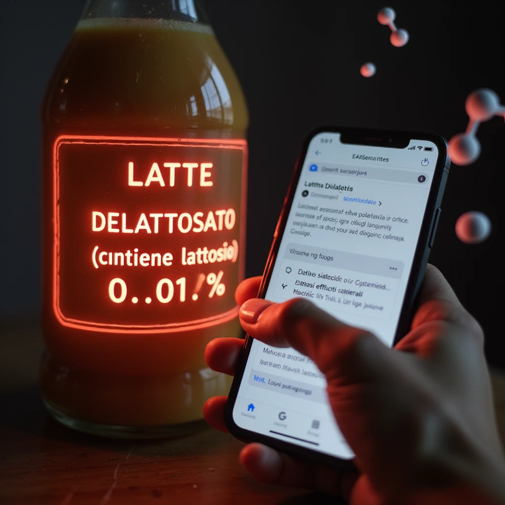 hyper-realistic extreme close-up of an ingredient list showing 'LATTE DELATTOSATO (contiene lattosio <0.1%)' glowing red, a man's finger pointing at the label, his phone screen displaying a Google search for 'Lattasi sintetica effetti collaterali', and a floating lactose molecule nearby emoji