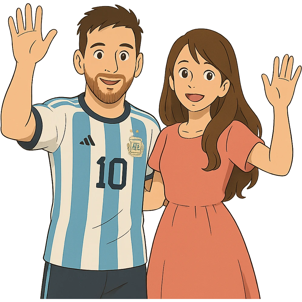 ghibli style Messi and Antonella waving emoji