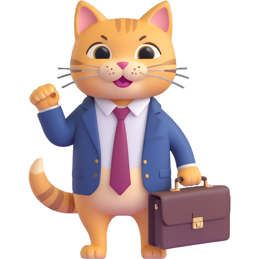 happy cat wearing a tie and carrying a briefcase, 3D emoji style emoji