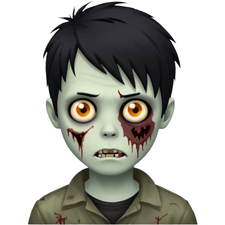 zombie boy with messy black hair, emo style, medium length, eerie and unsettling face emoji