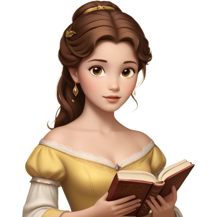 Cinematic Realistic Belle Portrait, depicted with lifelike skin texture, soft natural lighting, and intricately detailed brown hair styled elegantly. Her deep, expressive eyes exude warmth and intelligence, complemented by a serene and graceful expression. She gently holds a book in one hand, her other hand resting at her side, radiating an aura of beauty and intellect. She is dressed in her classic yellow ball gown, the fabric rich in texture with delicate folds that catch the light beautifully. The portrait features a soft, enchanting glow with a natural, radiant finish, capturing the essence of timeless beauty in a realistic and painterly style, evoking a sense of depth and authenticity. emoji