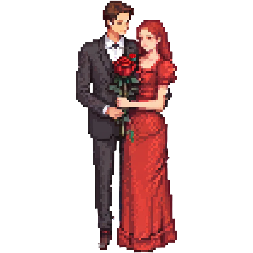 small pixel art of a romantic Spanish tango couple, man in black suit with red rose, woman in dramatic red dress pose, close embrace, cute and vibrant, emoji size emoji