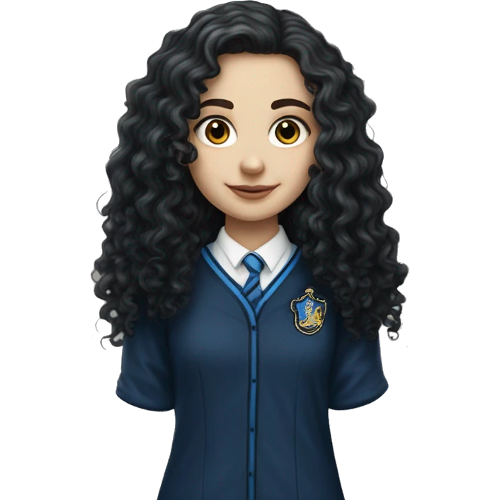 Hyper realistic White girl with long black curly hair wearing a ravenclaw school inform emoji