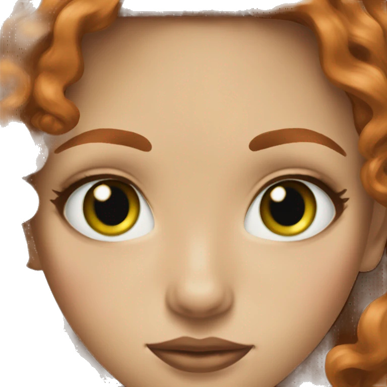 green eyes young woman central, small nose redhead long hair layers loose curls freckles brown lipstick emoji