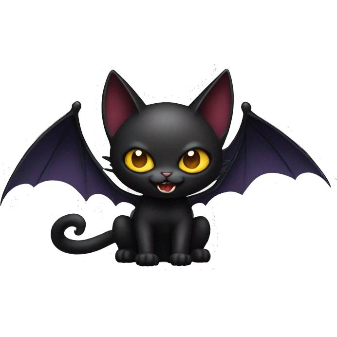 Black vampiric Cat-Fakémon with big fangs and bat wings on head and bat wings on back full body emoji