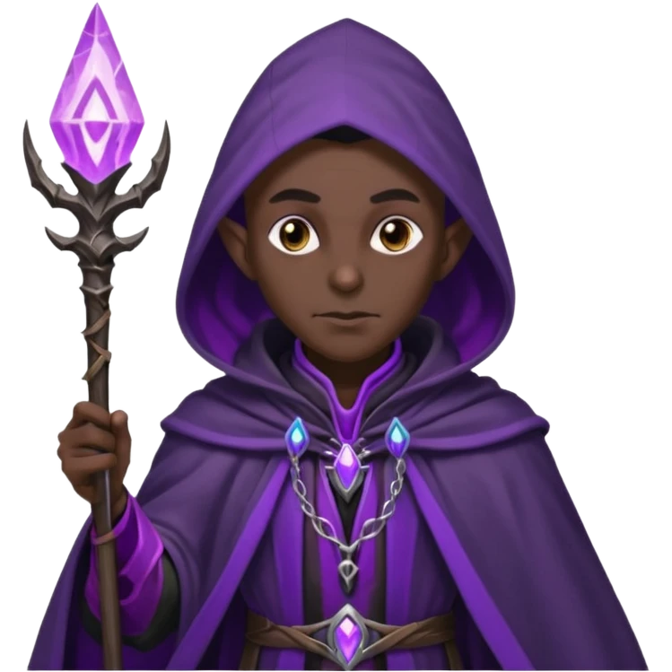{
      "type": "human",
      "look": "dark elf wizard, black cloak, purple energy around staff",
      "description": "a dark elf wizard in a black cloak channeling purple energy around their staff"
    } emoji