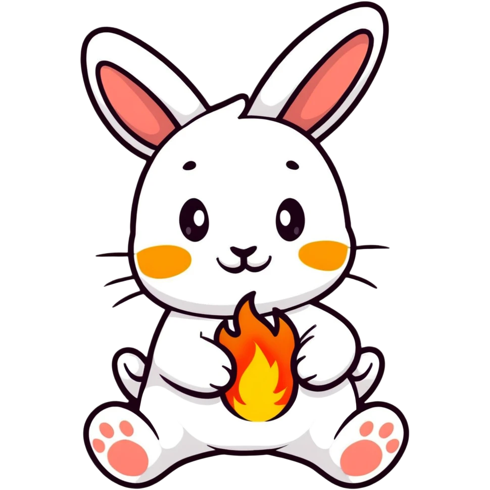Adorable bunny with fire paws, flames burning from feet, cute happy face emoji