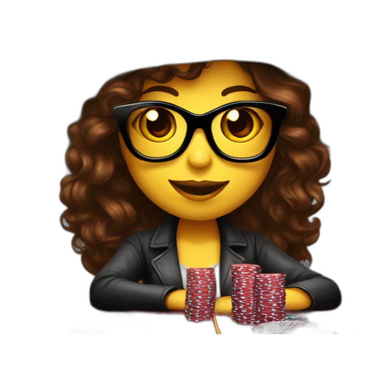 female with dark sunglasses brown wavy hair playing poker with a poker dealer hat emoji