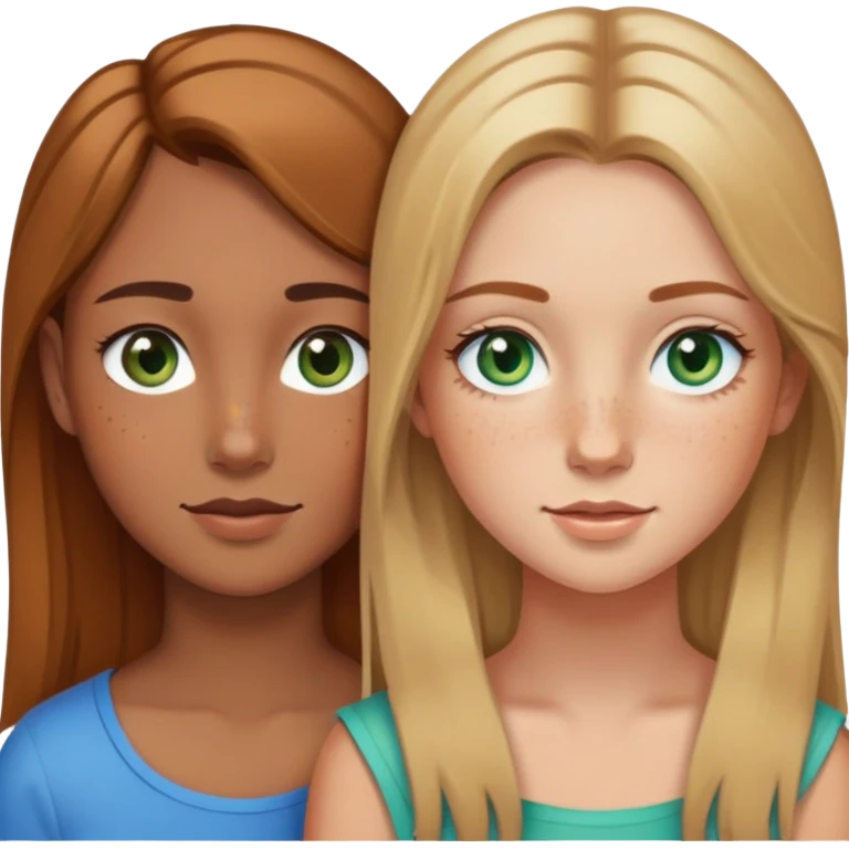 Two bestfriends one she is White whit green/blue eyes and hair hair ist a light brown blonde and the other one she is Latin has brown hair and brown eyes and has a signal in her left cheek and  litle freckles  emoji