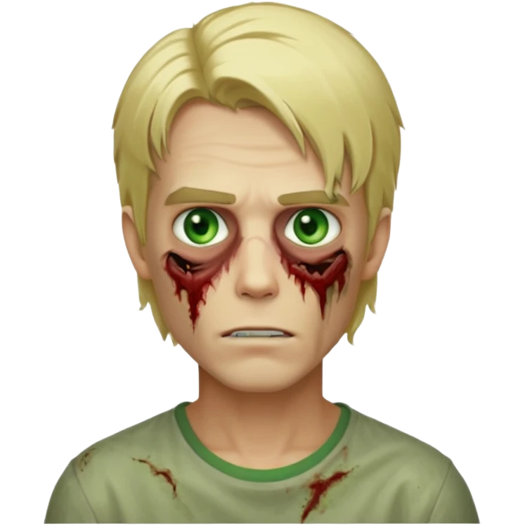 handsome male zombie with blonde mid-length hair, green eyes, subtle facial scars, iOS-style emoji emoji