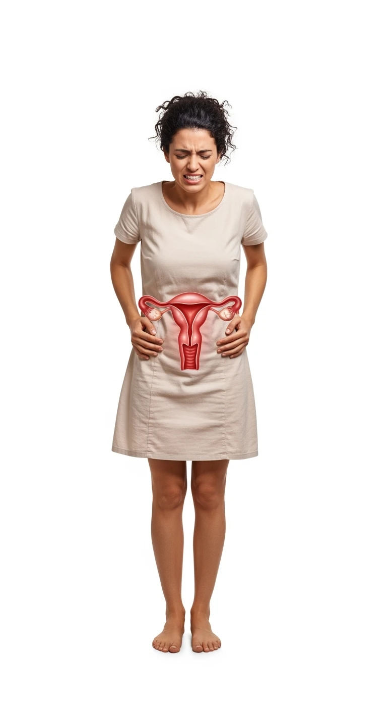 donna a figura intera con utero umano realistico in evidenza dolorante, espressione di dolore in volto, sfondo bianco, non farla computerizzata, ma iperrealistica 4k emoji