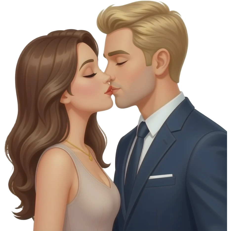 Elegant Couple kissing next to the Eiffel Tower. She has long brown hair and he has blonde short hair. emoji