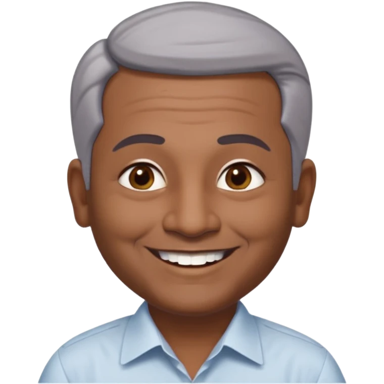 50 yr old indian man, dark skin, grey hair, big smile, white teeth, chubby, no moustache, clean shaven, young style hair, hair brushed back, 5 oclock shadow, bindy, dress shirt, forehead dot, chubby, religious emoji