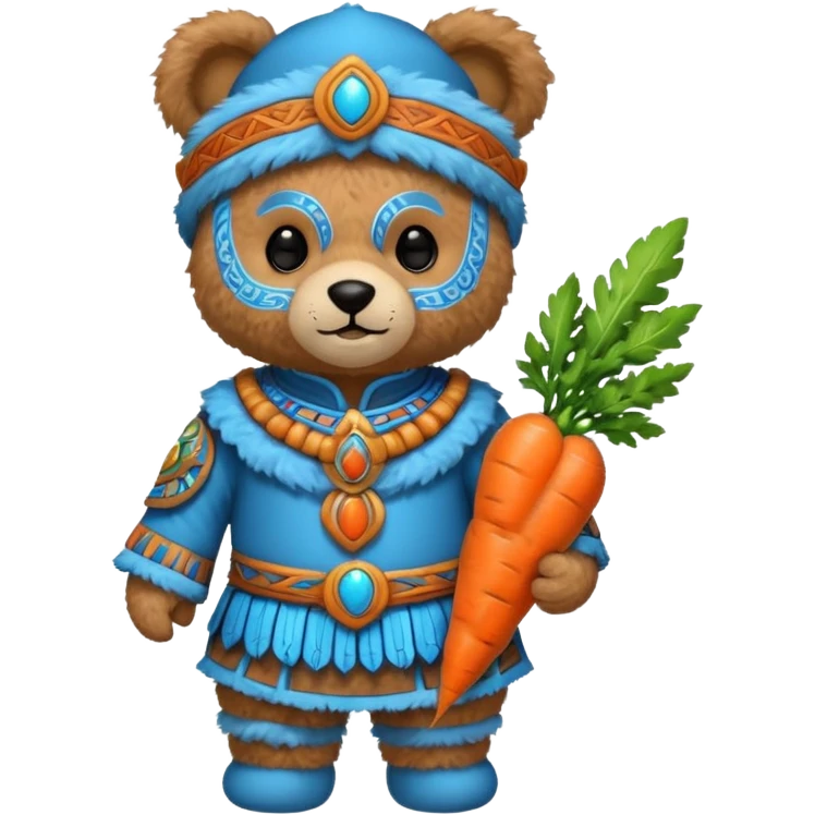 teddy bear, wearing blue mayan ancient custome, with carrot emoji