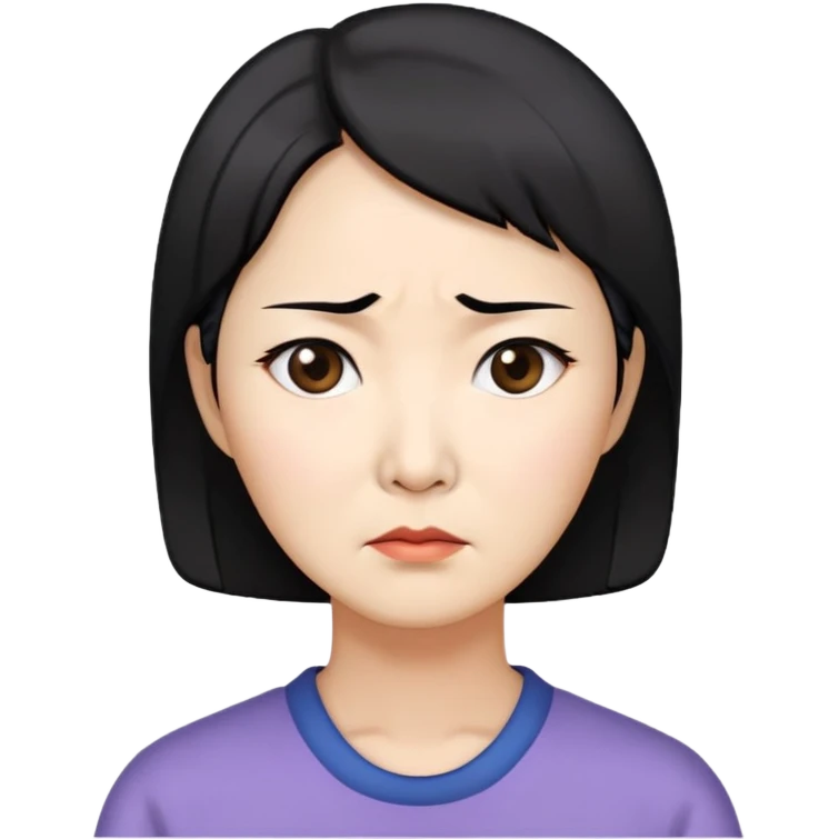 검은색 단발 머리에 50대 정도되는 한국인 여성. 고민하는 표정 emoji