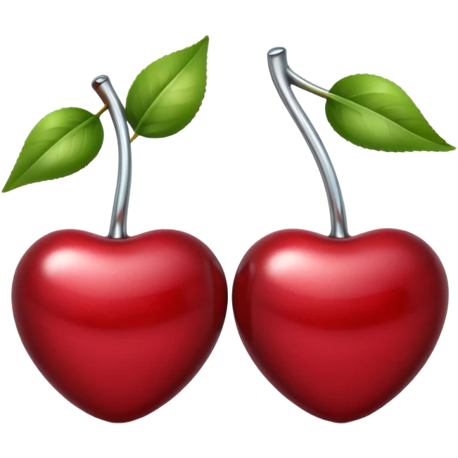A pair of cherries emoji made of polished silver chrome, smooth rounded shapes, glossy metallic finish, soft highlights and reflections, cute proportions, iOS emoji style, centered, clean white background, no text emoji