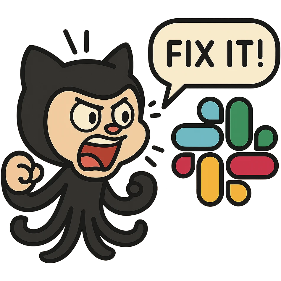 Add a speech bubble with the text 'Fix it!' to the Octocat shouting at the Slack logo, keep the style consistent with lineal color icon with black outlines. emoji
