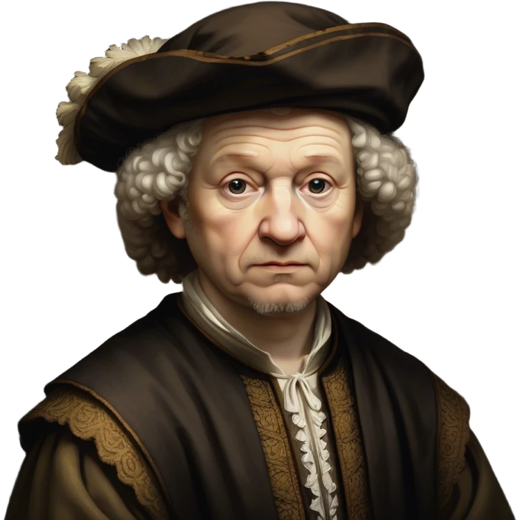 Cinematic Realistic portrait of Rembrandt, shown as a master artist with deep, introspective eyes and richly detailed period clothing, rendered with dramatic chiaroscuro lighting that emphasizes his legacy emoji